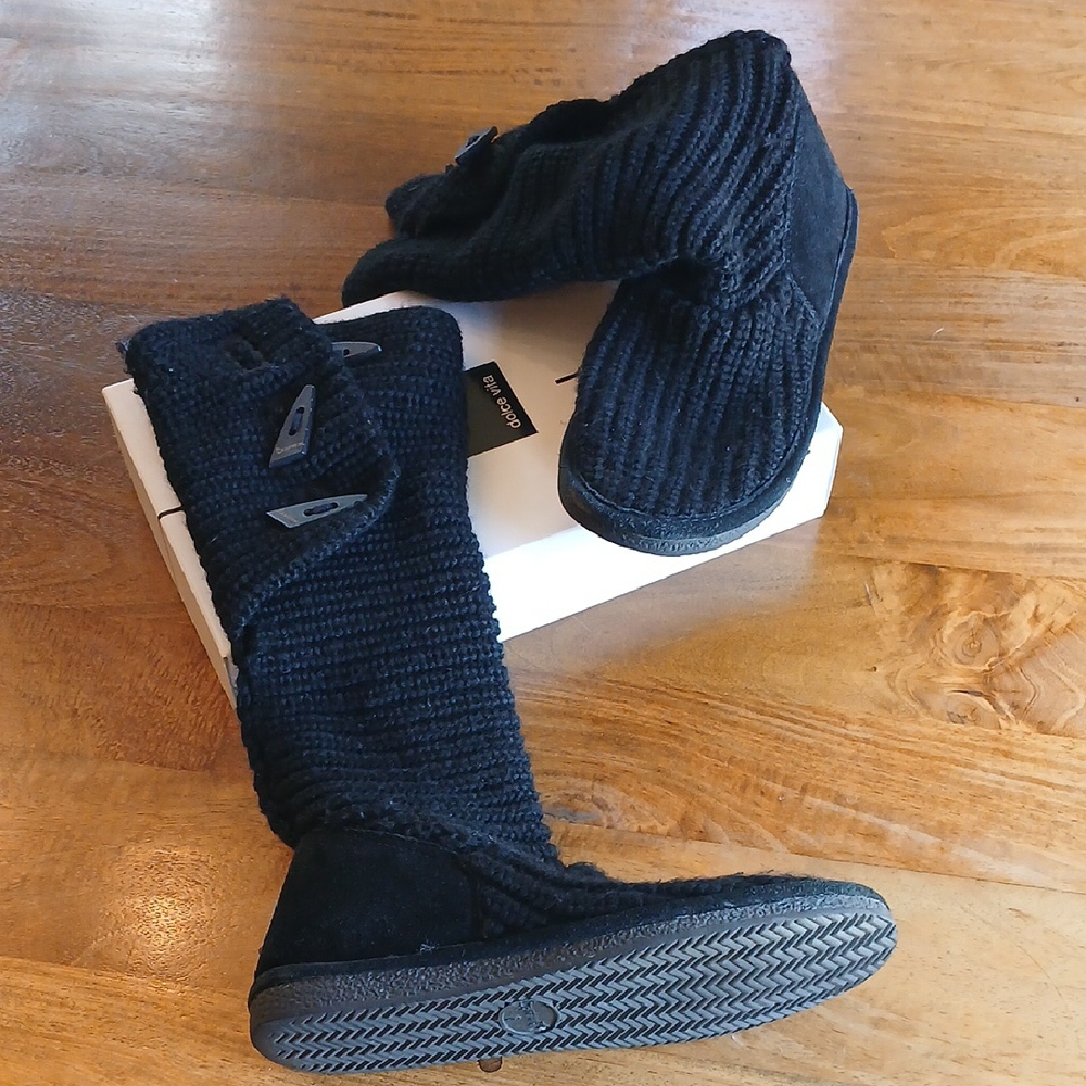 BearPaw Black Suede and Knit Boots. Worn. Left Boot Missing One Clip.